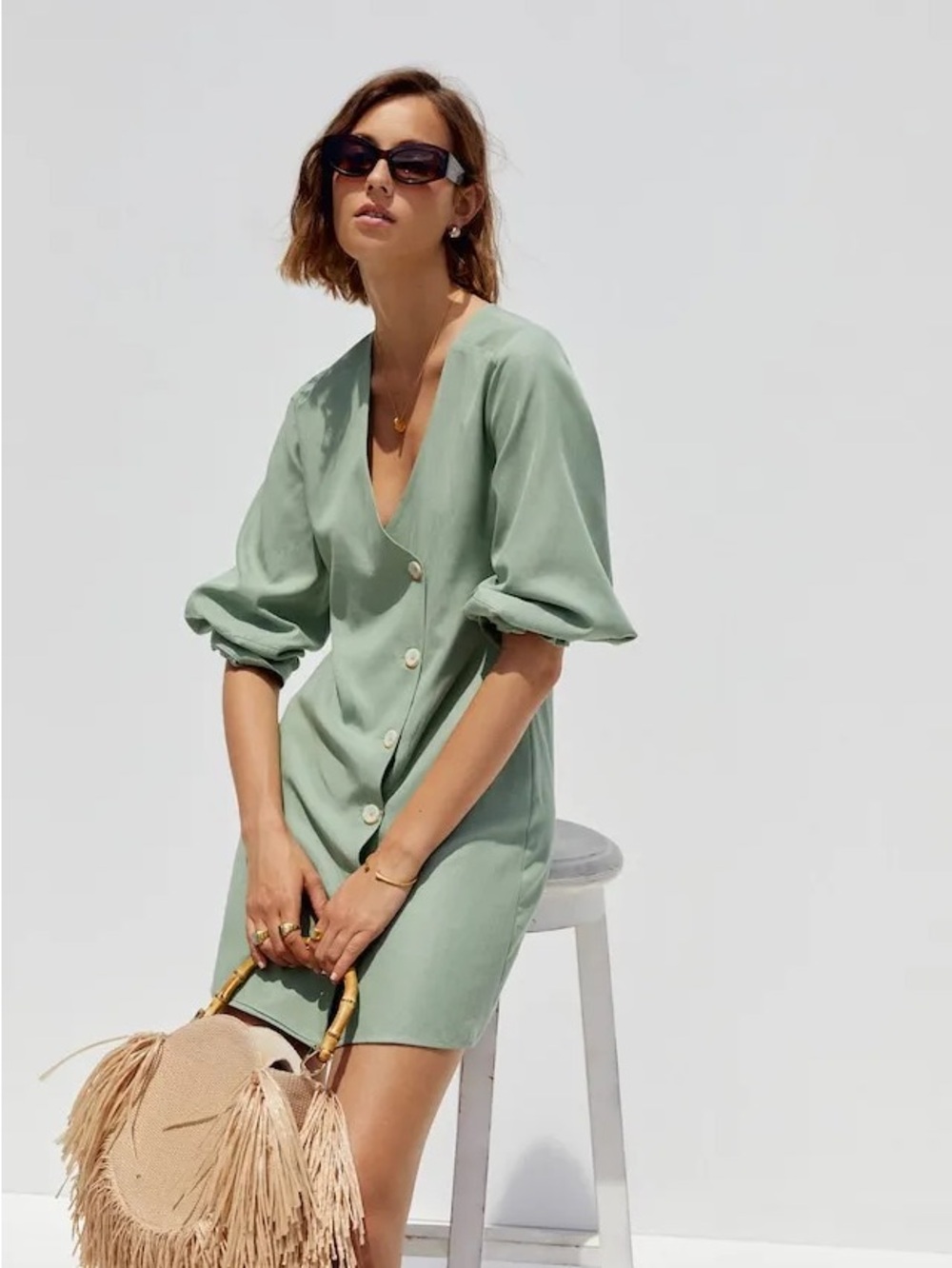 Mango Sage Green Puff-sleeve Short Buttoned Dress, Size 4